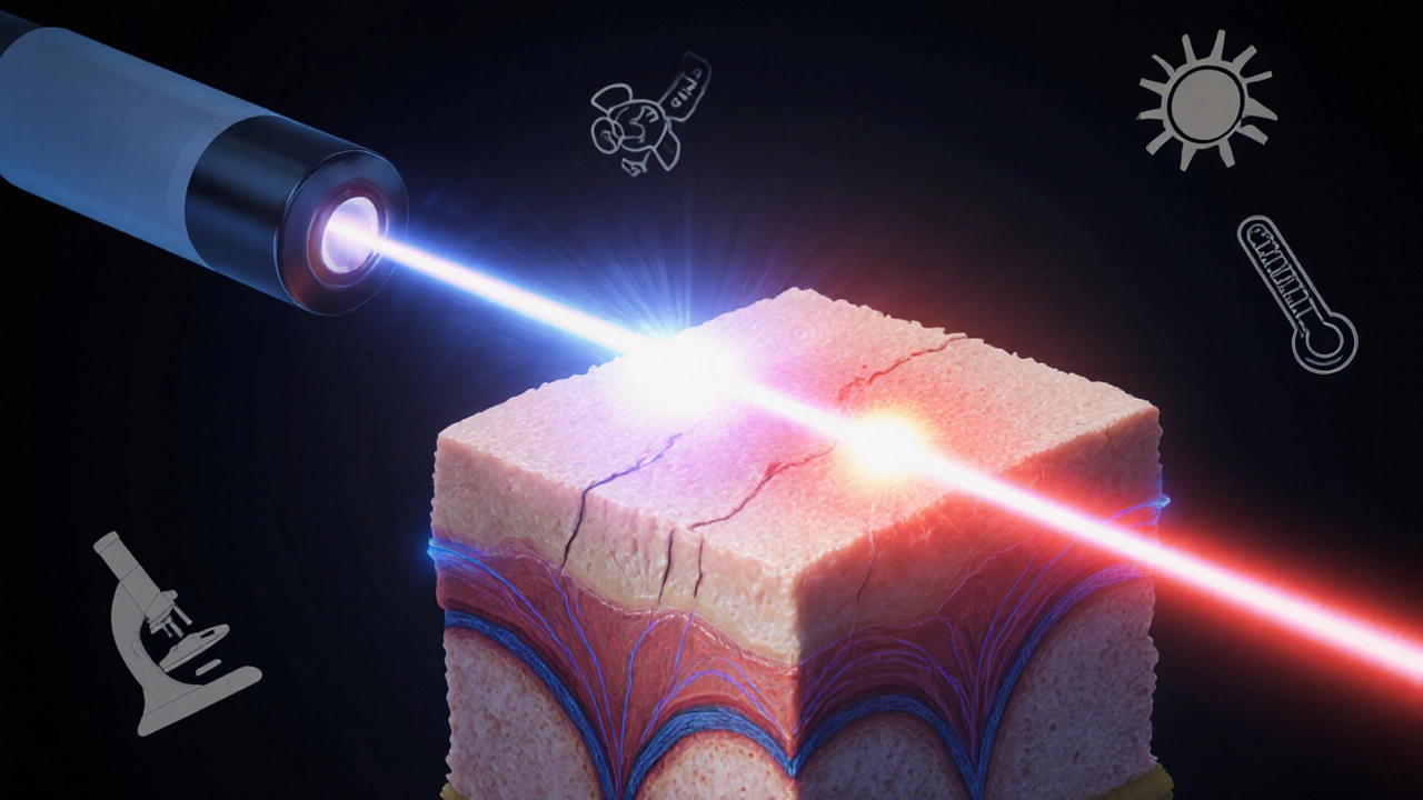 Абстрактное изображение лазерного воздействия на кожу: испарение и нагрев слоев