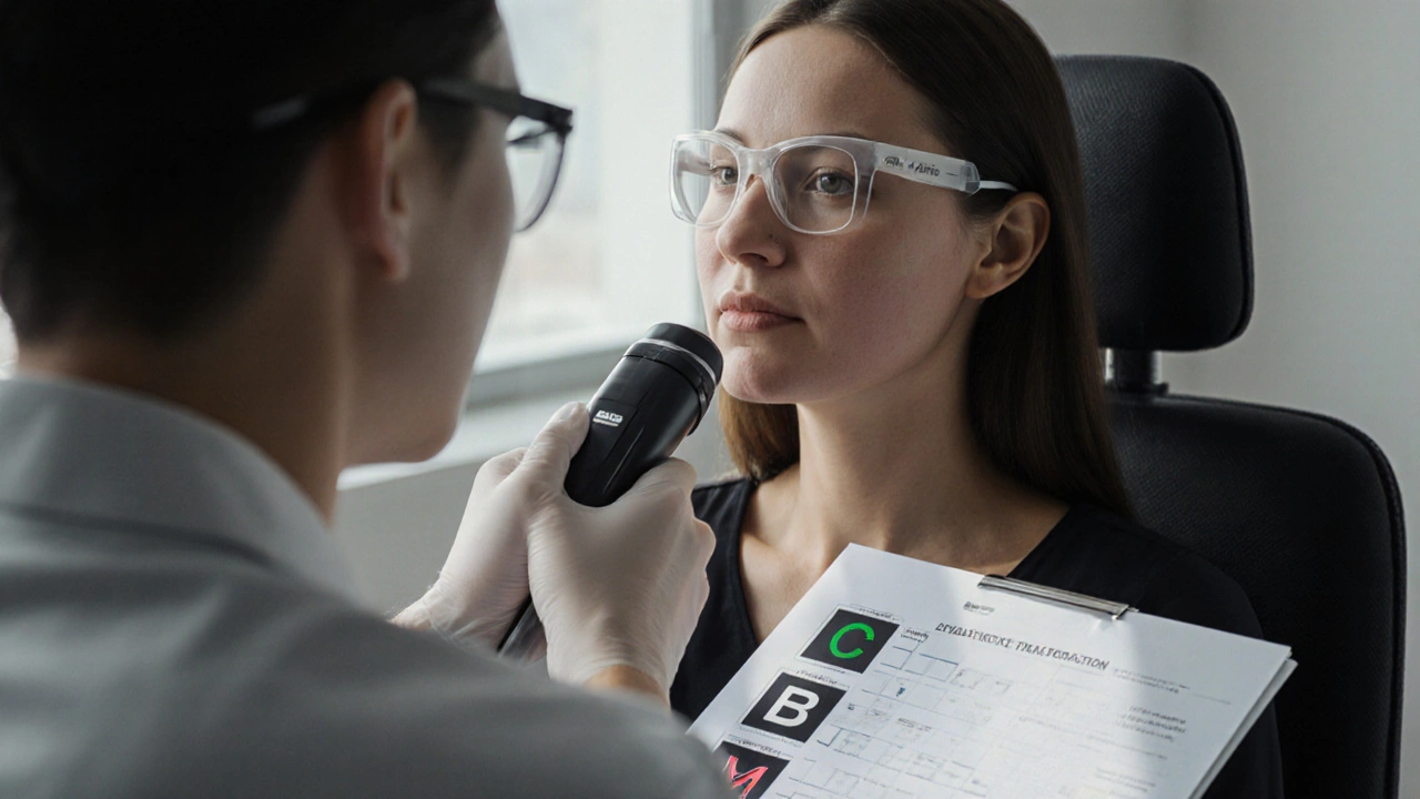 Дерматолог настраивает лазер, пациент с защитными очками и тестовым участком на лице