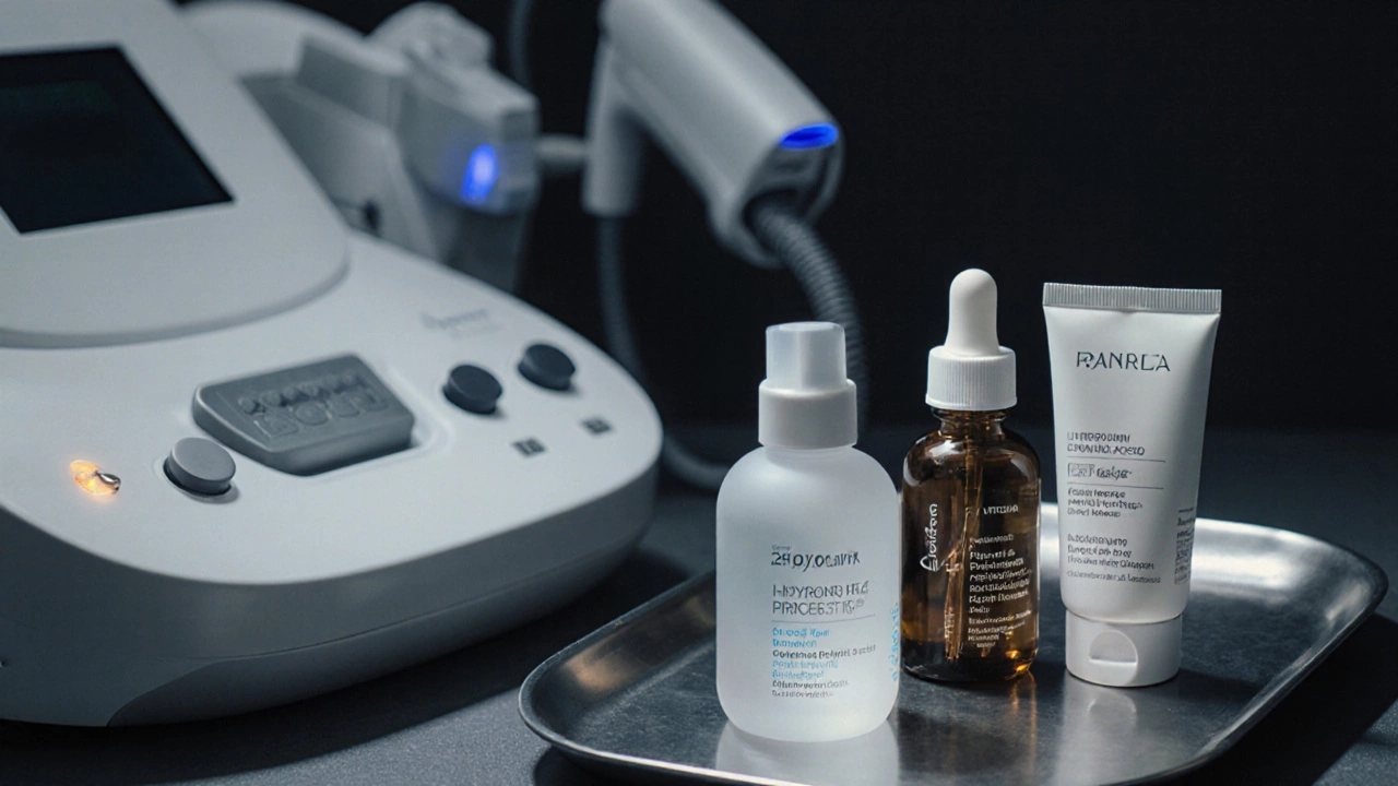 На столе в косметологическом кабинете размещены профессиональные приборы и средства для ухода за кожей.