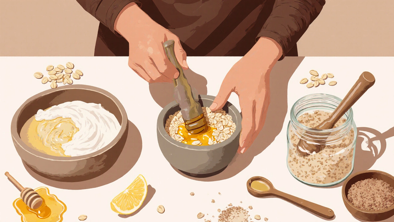 Руки готовят домашнюю маску из овсянки, мёда и йогурта, а также скраб из сахара и кокосового масла.