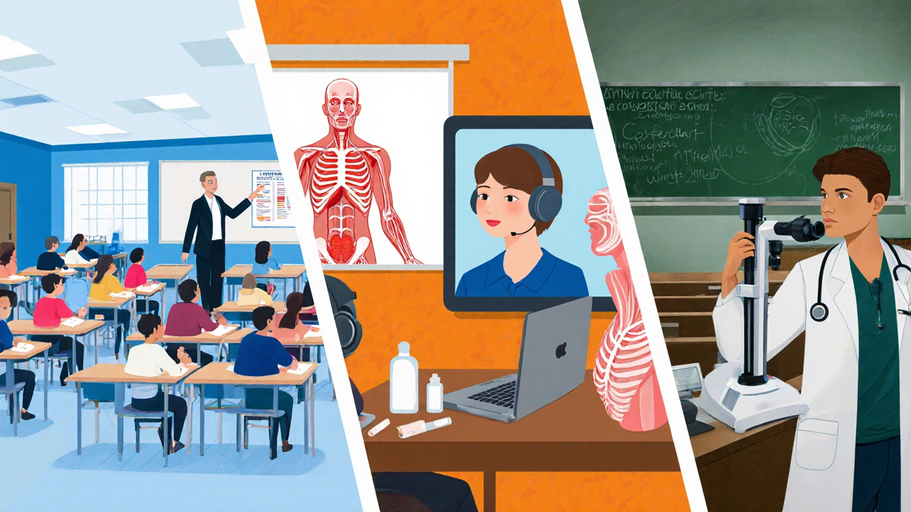 Три сцены: колледж, онлайн‑обучение и университет, показывающие пути к профессии косметолога.