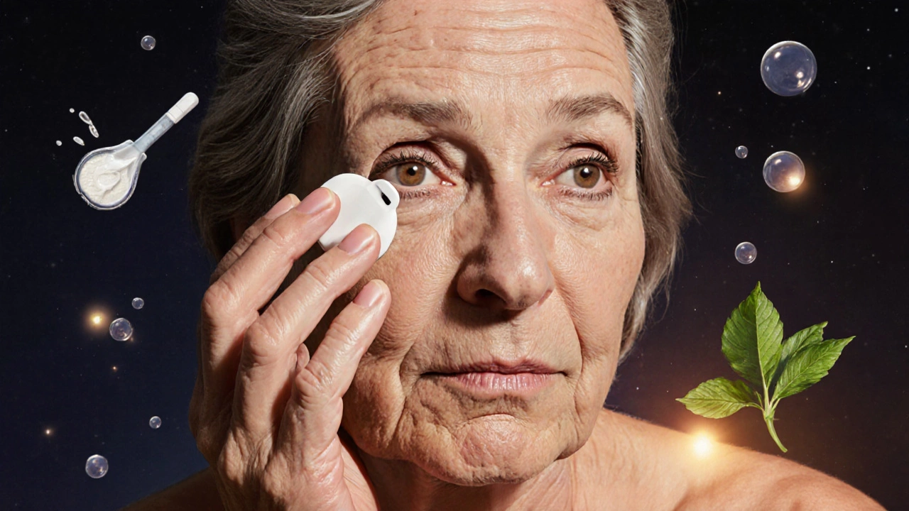 Женщина использует омолаживающий крем вечером, морщины сглаживаются, кожа светится.