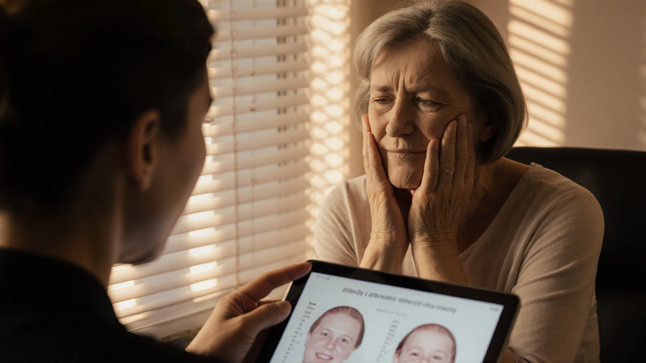 Женщина слушает косметолога эстета во время консультации, выражение лица — облегчение и доверие.