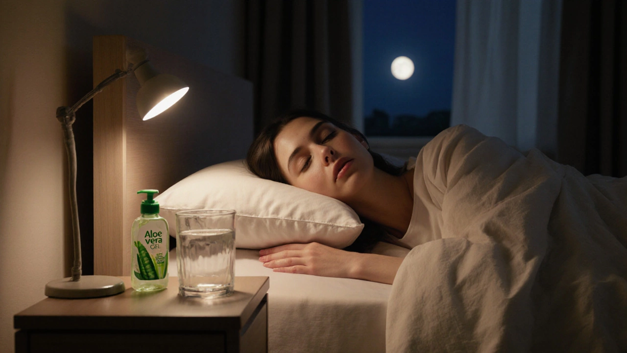 Человек спит с приподнятой головой на двух подушках, мягкий лунный свет, рядом стакан воды и гель алоэ