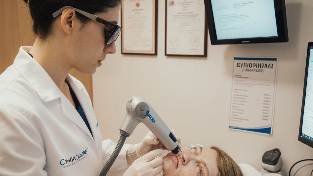 Дерматолог в клинике в Калуге проводит лазерную процедуру, на стене видны сертификаты, на столе — оборудование с ценой.