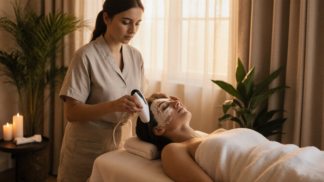 Эстетист проводит очищение лица с помощью ультразвукового аппарата в спа-салоне.