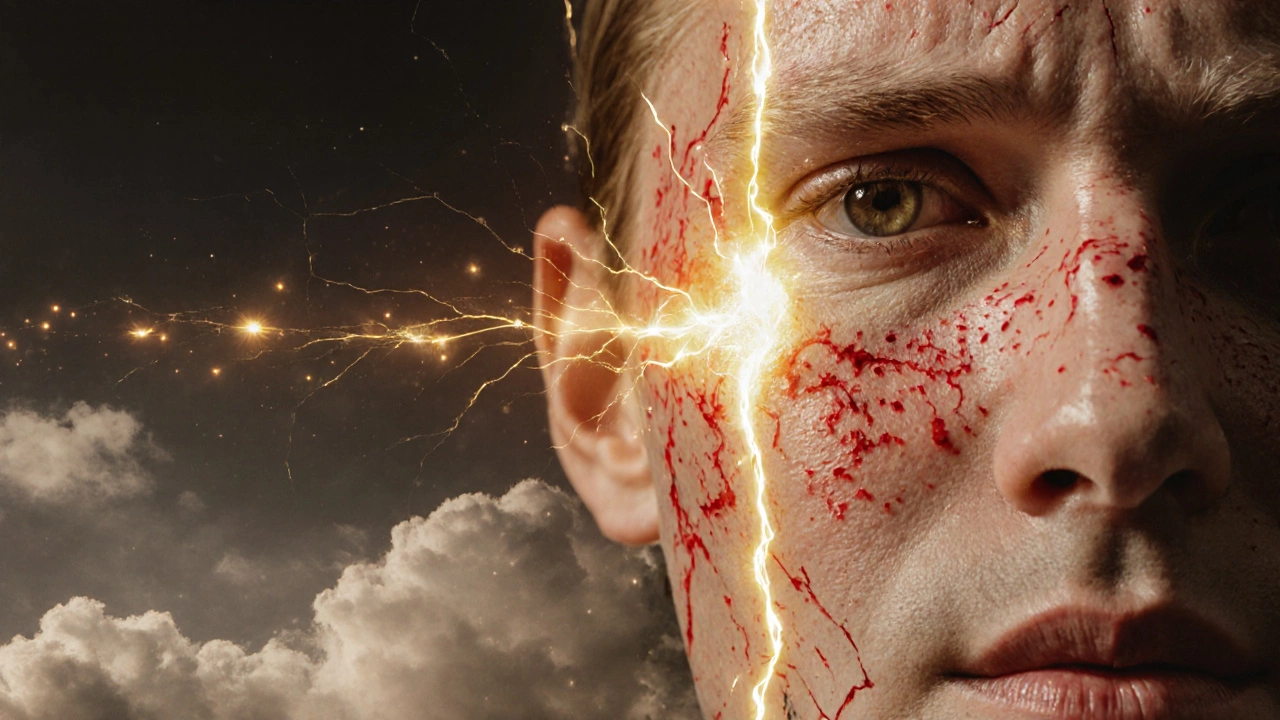 Лицо с акне, постепенно исцеляющееся под золотым светом, символизирующим восстановление кожи витамином Д.