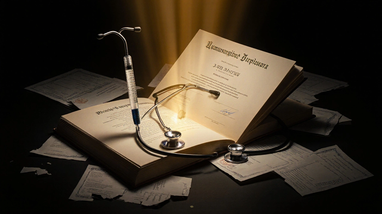 Медицинские инструменты и легитимный диплом на фоне разрушенных сертификатов.
