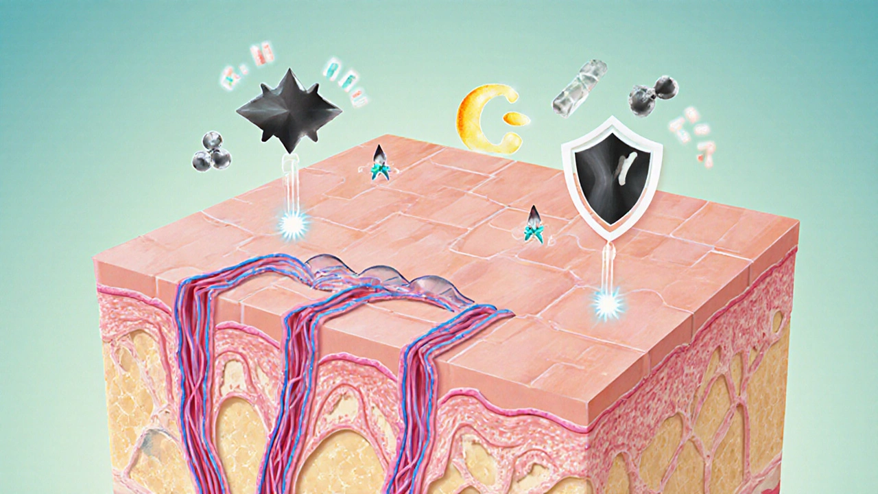 Микроскопическое изображение клетки кожи: пептиды стимулируют коллаген, церамиды укрепляют барьер, витамин С защищает от свободных радикалов.
