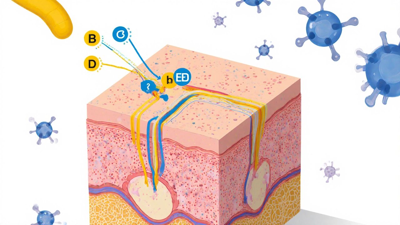 Микроскопическое изображение кожи с витамином Д, нейтрализующим бактерии акне и снижающим выработку себума.