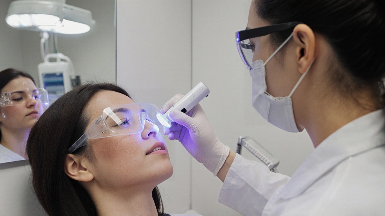 Пациентка получает лазерную процедуру от пигментации в кабинете дерматолога.