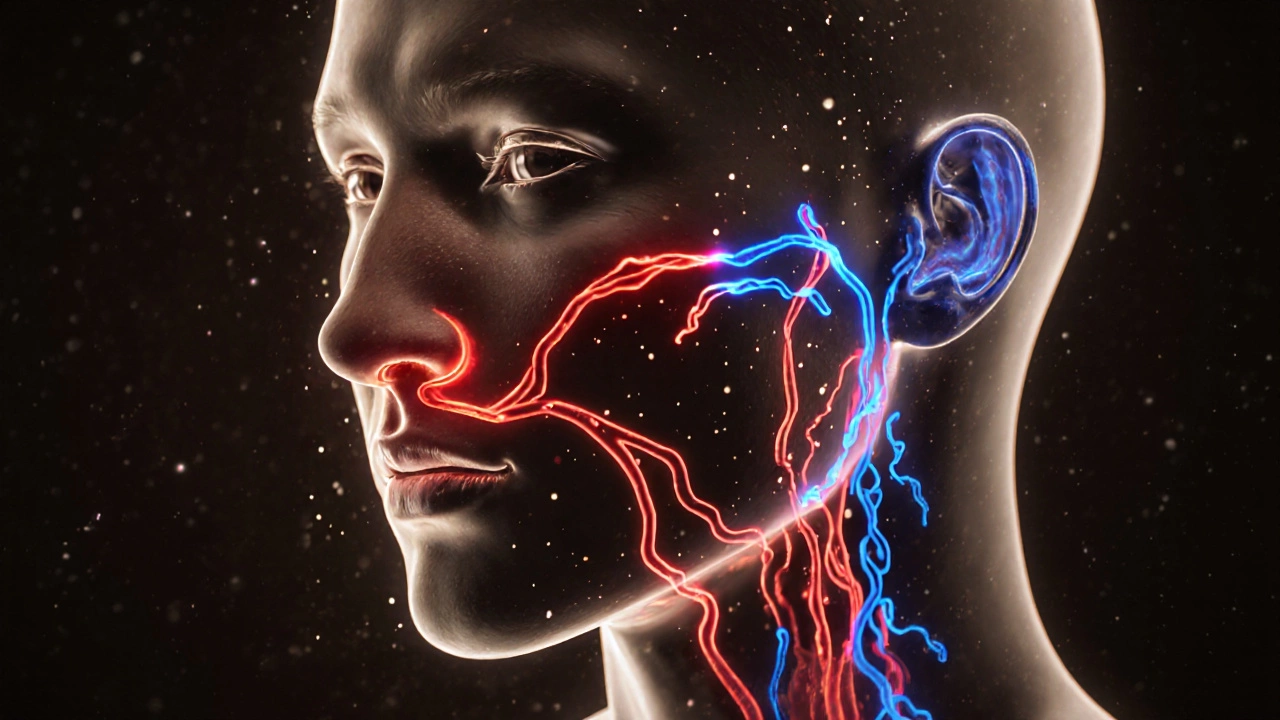 Прозрачное изображение лица с потоками жидкости, показывающими воспаление и лимфодренаж после лазера