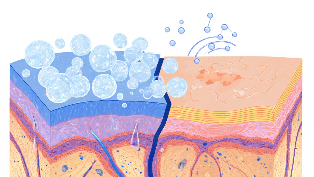 Разрез кожи: молекулы гиалуроновой кислоты набухают, пептиды стимулируют выработку коллагена.