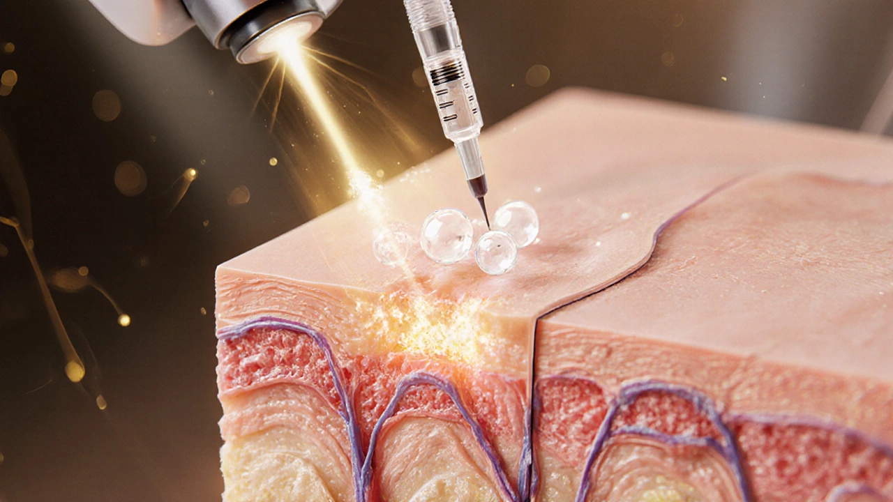 Разрез кожи с микроподкожными уколами активных веществ, светящиеся компоненты в дерме.