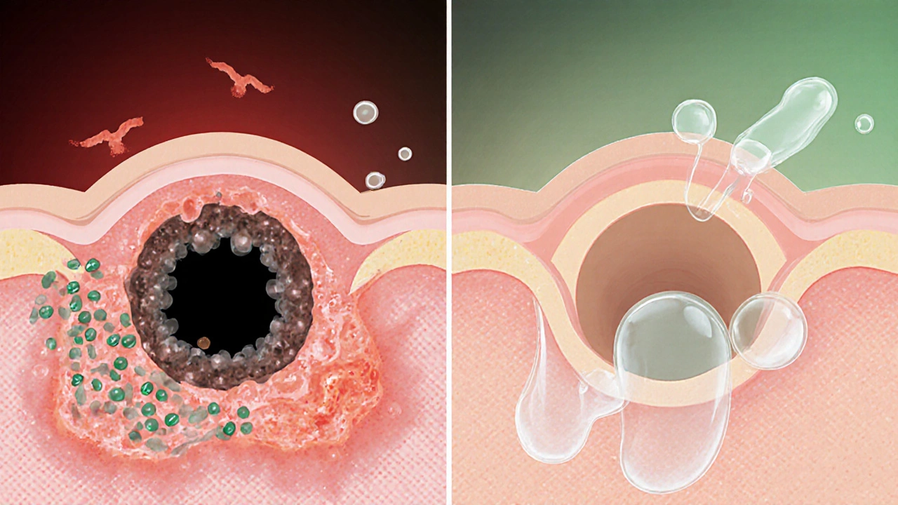 Разрез кожи: забитый пор с воспалением и чистый пор с лечебными молекулами