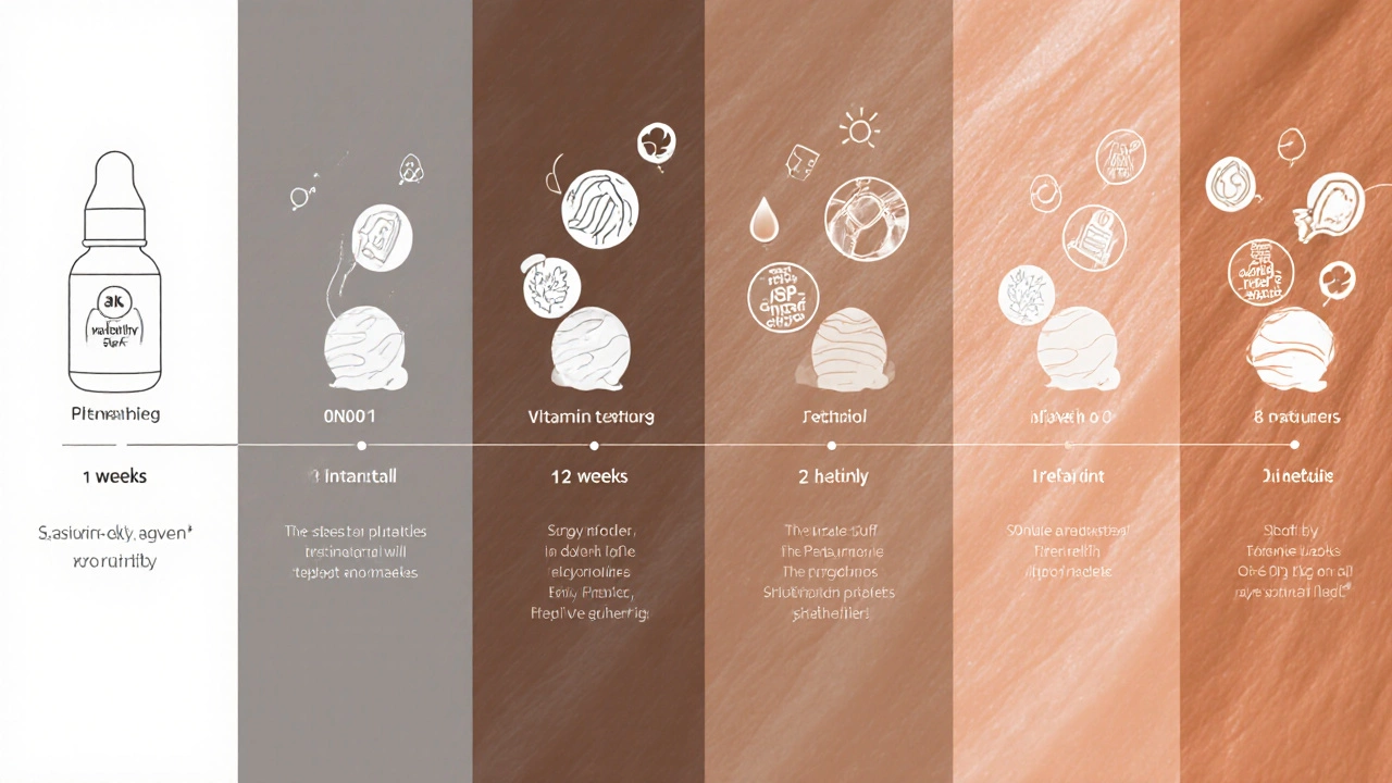 Схема ежедневного ухода: утро с витамином С, вечер с ретинолом, и постепенное улучшение кожи за 12 недель от тусклой к сияющей.