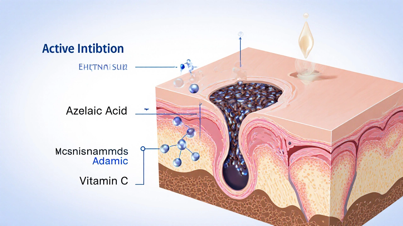 Схема кожи с меланиновыми пятнами и молекулами активных ингредиентов, подавляющих пигментацию.