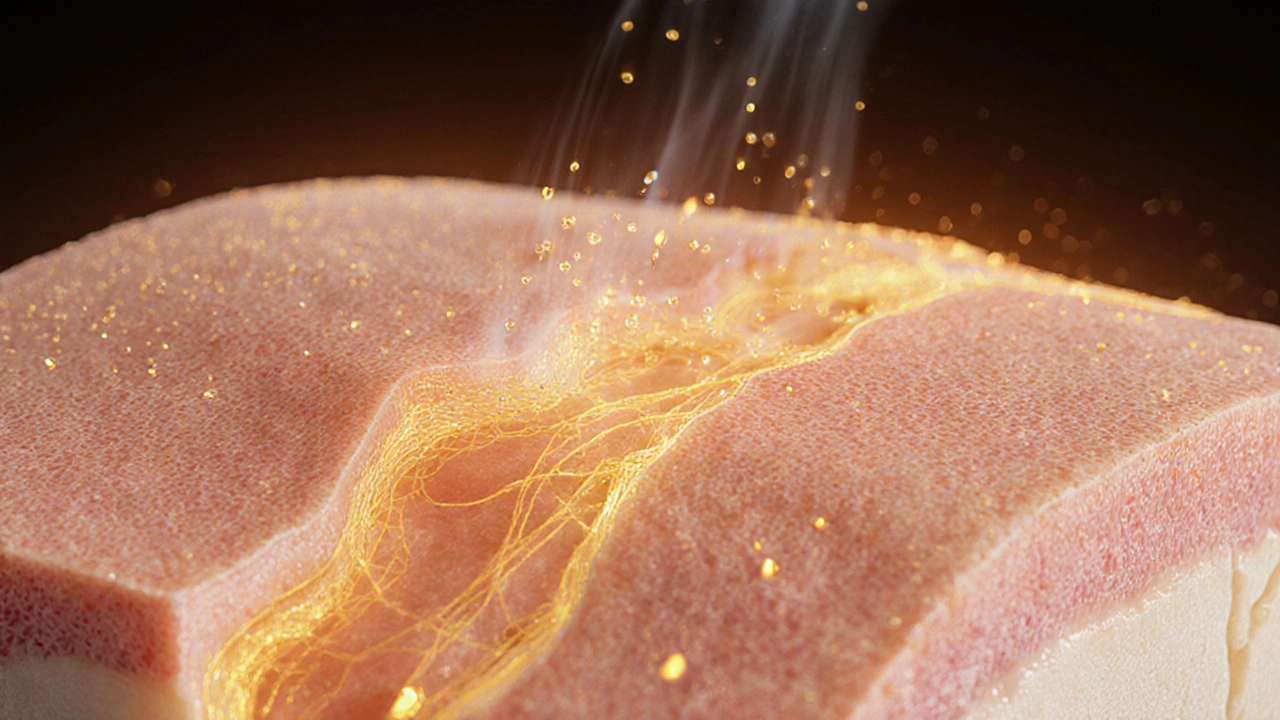 Схематическое изображение кожи, где радиочастота стимулирует выработку коллагена в глубоких слоях.