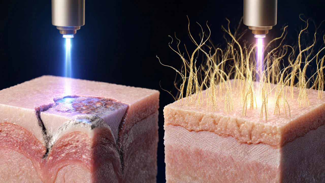 Схематичное изображение двух типов лазерного воздействия: поверхностное и глубокое, с золотыми волокнами коллагена.