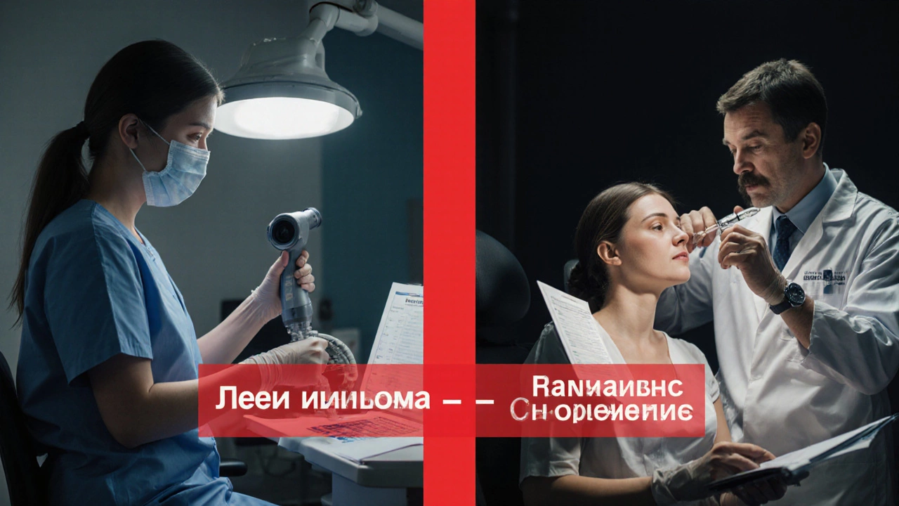 Техник и врач выполняют разные процедуры в клинике, разделенные запрещающей линией.