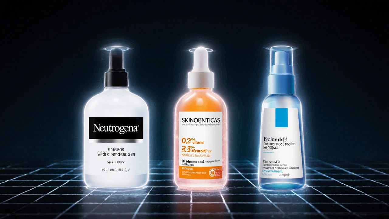 Три антивозрастных крема с выделенными активными ингредиентами: ретинол, витамин С, пептиды.