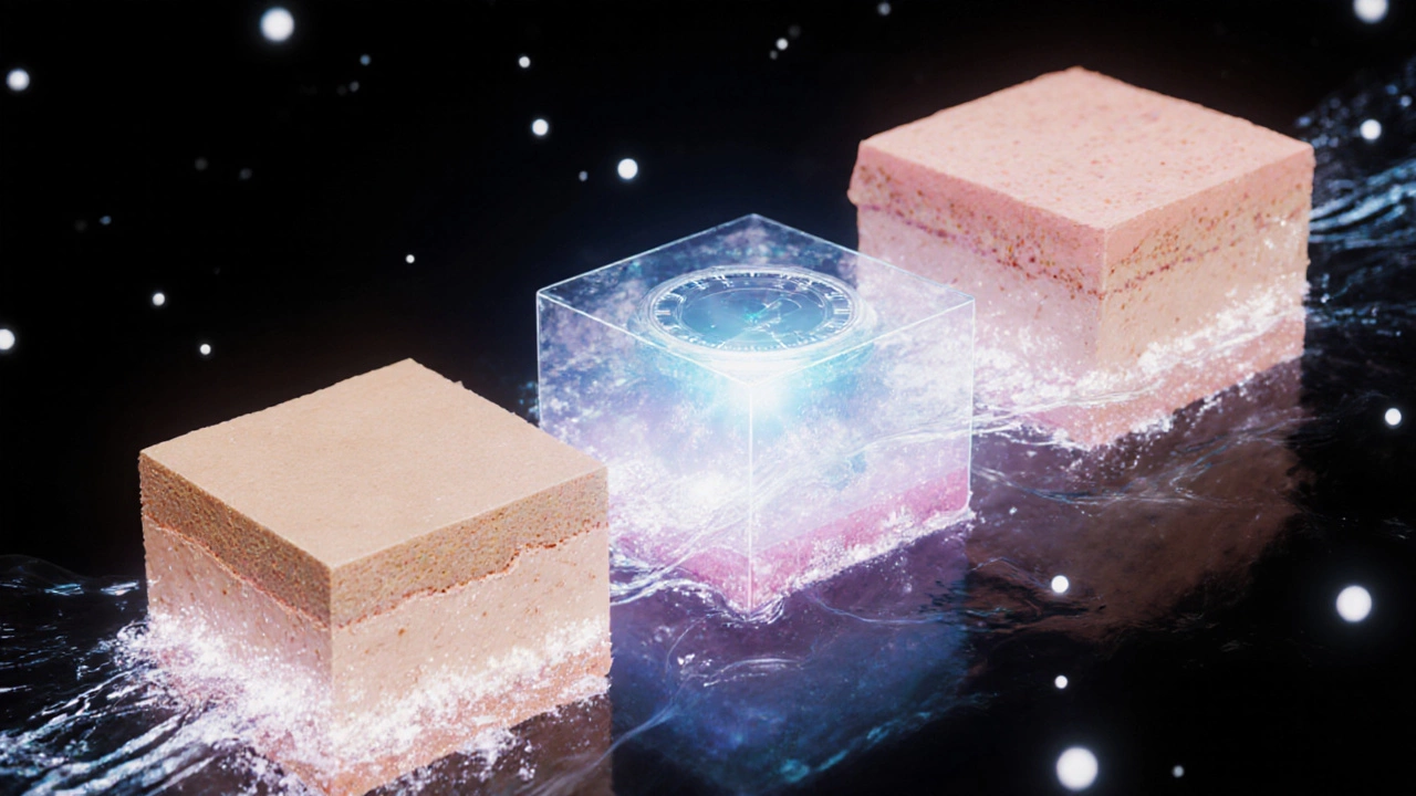 Три слоя кожи, показывающие прогресс от сухой до омоложенной, соединённые потоком света.