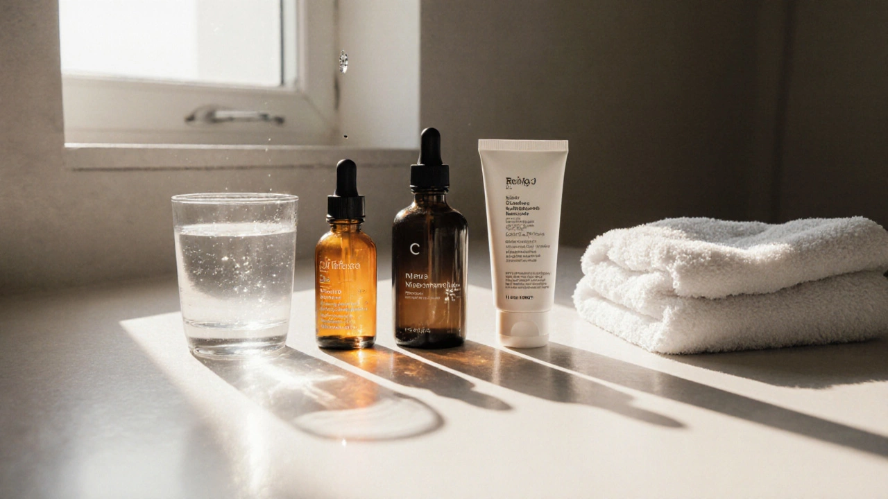 Утренняя скамейка с тремя бутылочками для ухода за кожей, солнечный свет и капля воды.