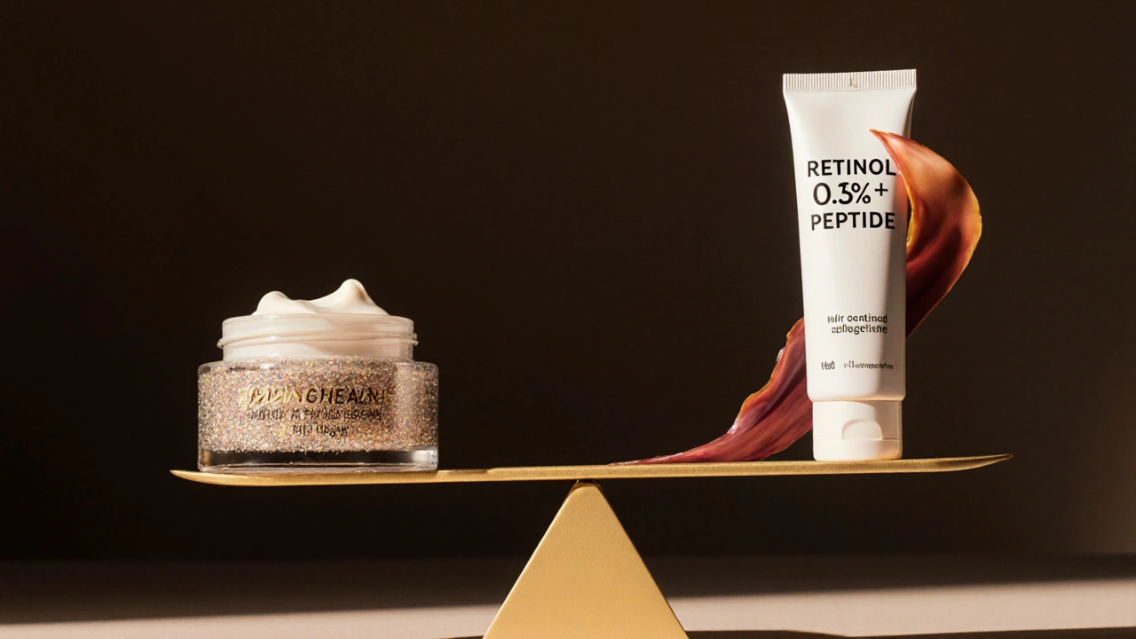 Весы: дорогой крем с ложными обещаниями против простого, но эффективного с ретинолом и пептидом.