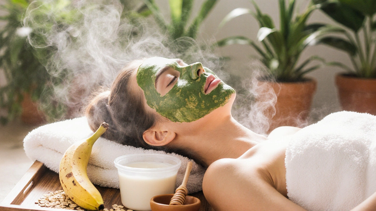Женщина отдыхает с зеленочайной маской на лице, вокруг — натуральные ингредиенты.