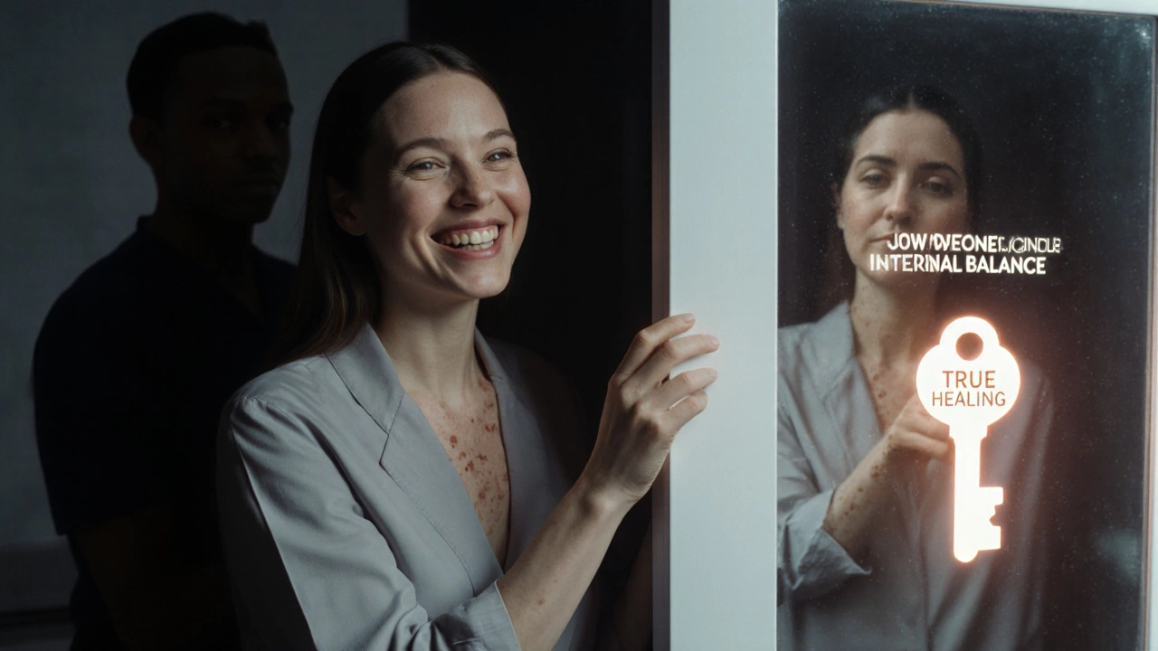 Женщина после косметолога, но её отражение показывает прыщи — символ временного эффекта