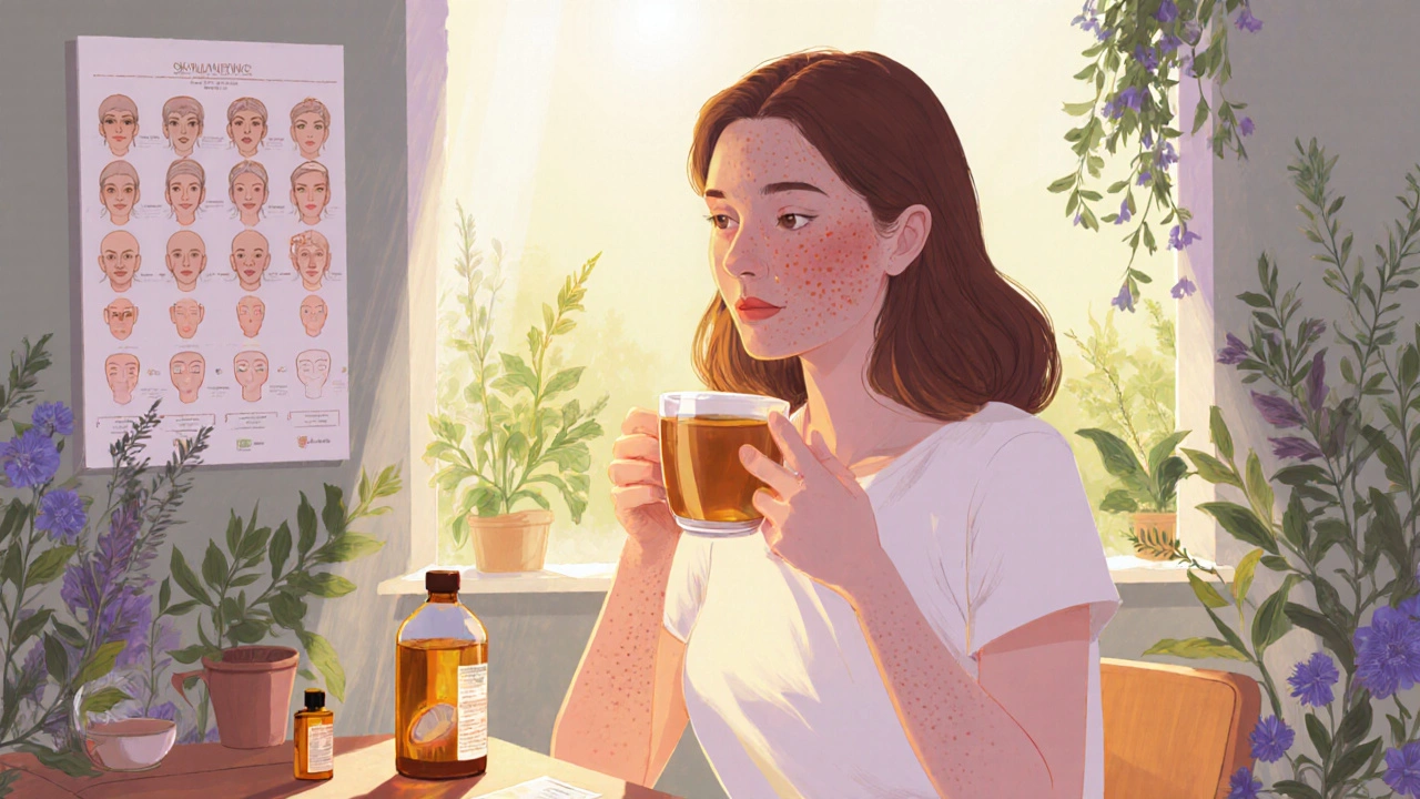 Женщина в окружении растений и биодобавок, с естественной кожей и мягким светом