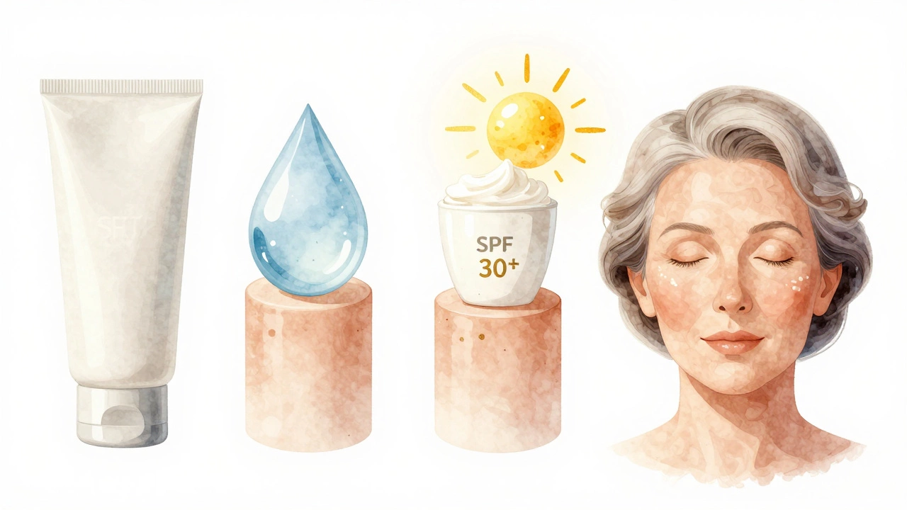 Четыре основы ухода за кожей после 55: очищение, увлажнение, защита и стимуляция, изображённые как столбы вокруг сияющего лица.