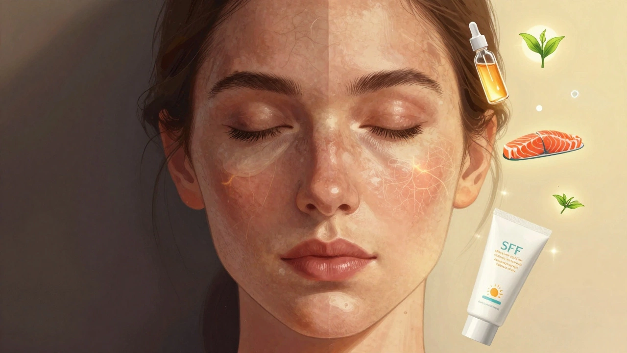 Две половины лица: стареющая кожа слева, омоложенная — справа, с элементами ухода вокруг.