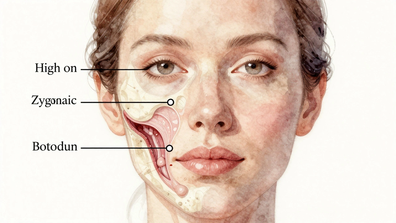 Художественное изображение анатомии лица с точками введения филлеров на скулах и под челюстью, без игл и медицинских инструментов.