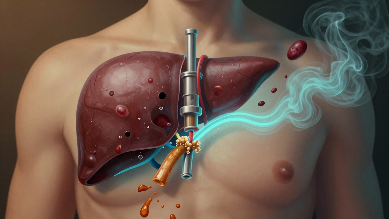 Художественное изображение печени как фильтра, перегруженного жиром и сахаром, с пигментацией на коже.