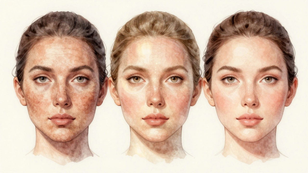 Иллюстрация лица: слева — стареющая кожа, в центре — лазерное воздействие, справа — омоложенная кожа.