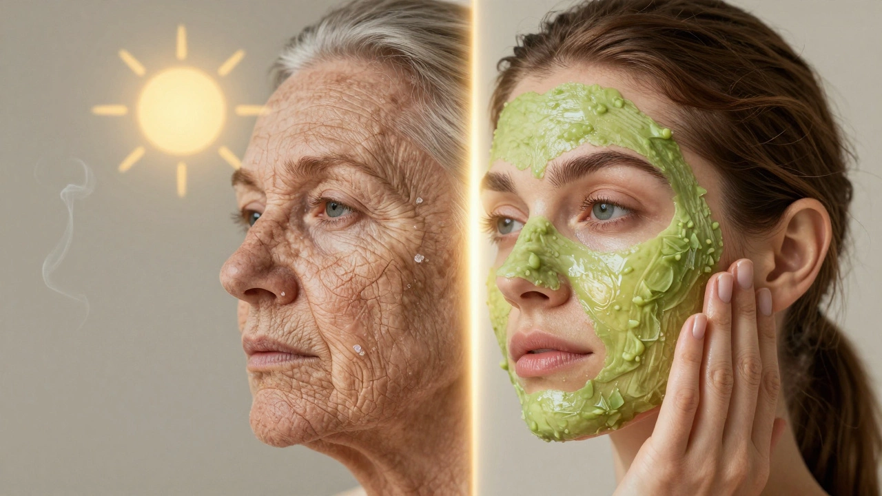 Контраст старения и омоложения: одна сторона — вредные привычки, другая — натуральный уход и массаж, разделённые золотым светом.