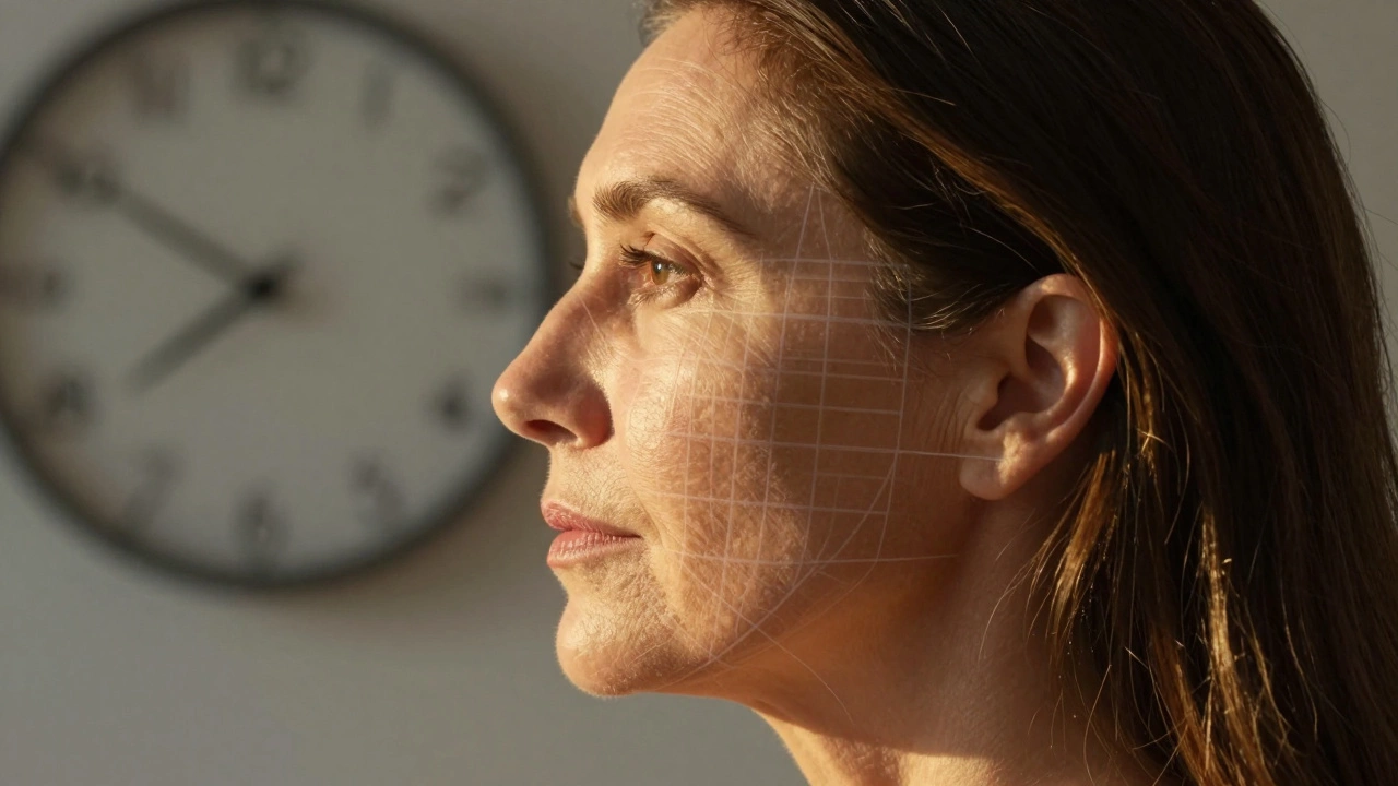 Профиль женщины 50 лет с мягким светом и прозрачной сеткой, символизирующей восстановление костной архитектуры лица.