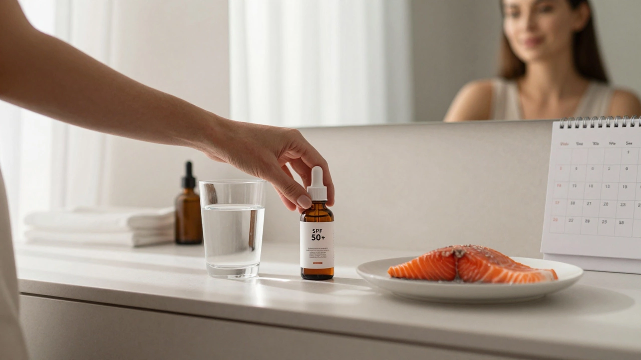 Рука женщины кладет сыворотку с ретинолом и крем с SPF на стол рядом с водой и лососем.