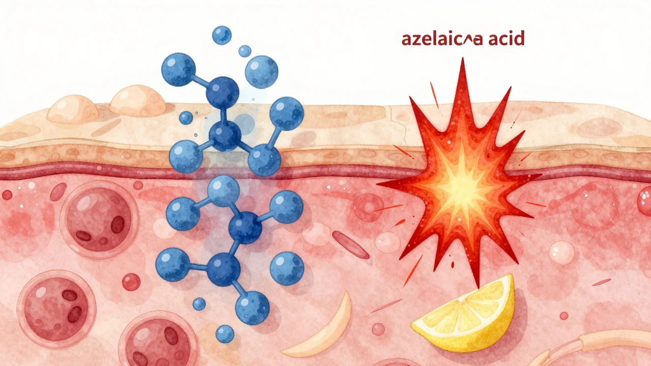 Сравнение действия азелаиновой и лимонной кислот на клетки кожи в художественной интерпретации.