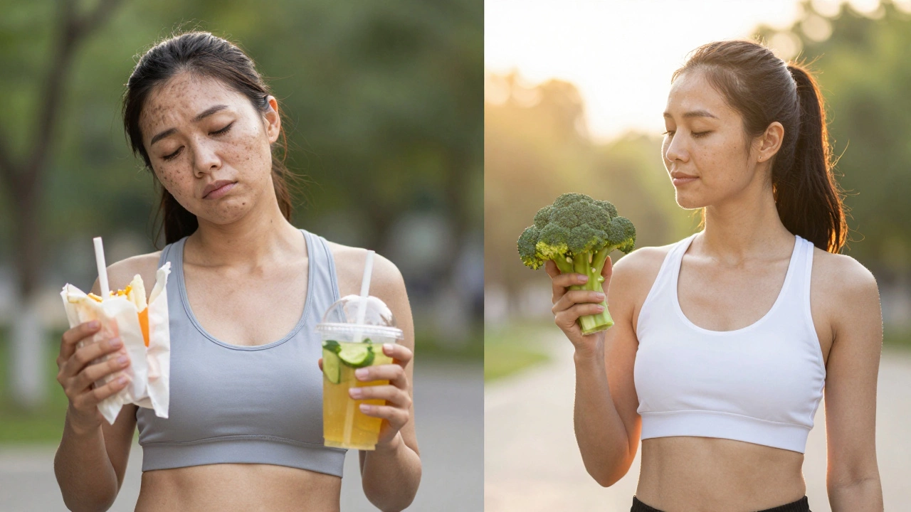 Сравнение до и после детокса: усталая женщина с фастфудом и здоровая женщина на утренней прогулке.