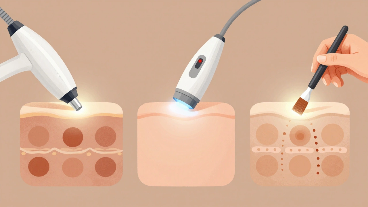 Три метода лечения пигментации: лазер, IPL и химический пилинг, визуализированные в стиле медицинской иллюстрации.