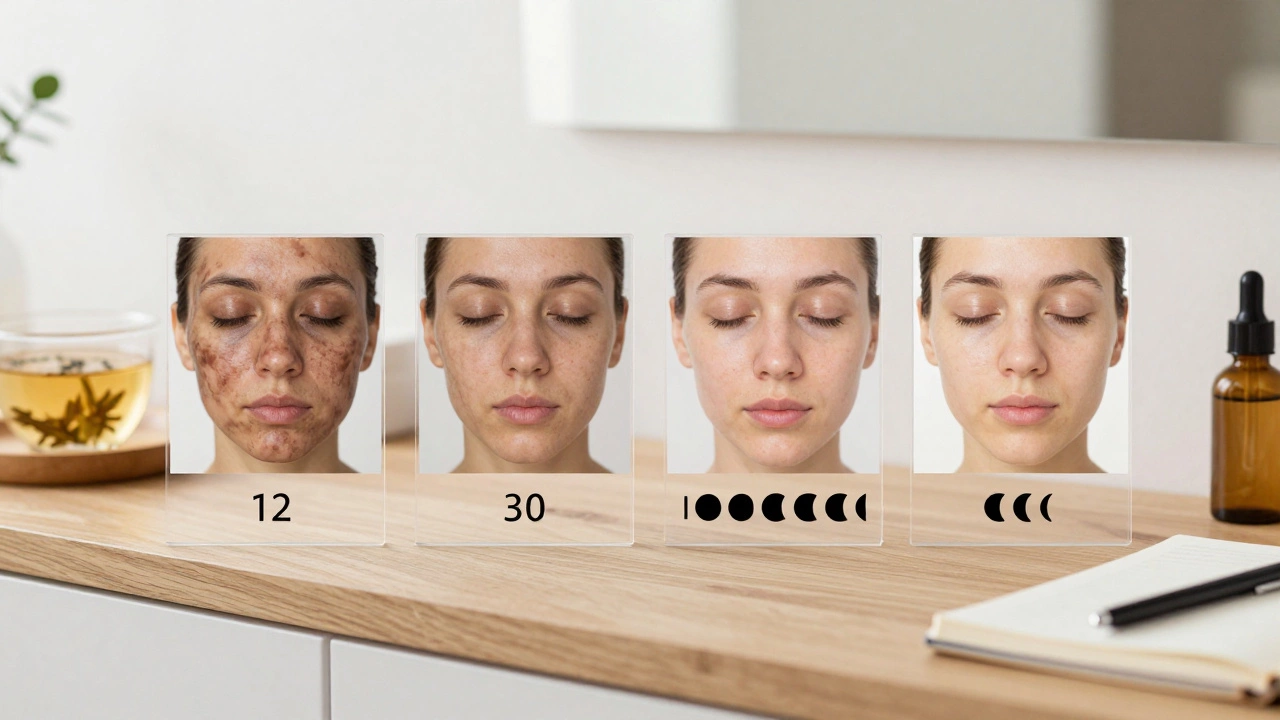 Визуальная хронология исчезновения пигментных пятен за 12 недель с уходом и защитой.