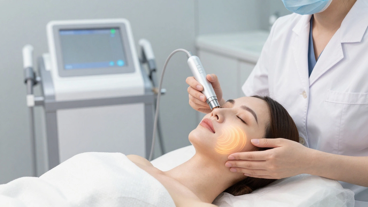 Врач проводит радиочастотную процедуру лифтинга лица в клинике, пациентка спокойна.