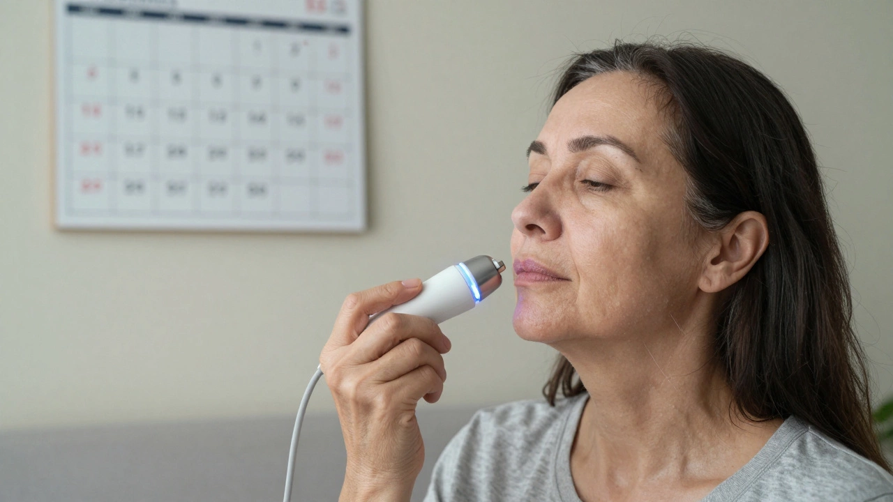 Женщина использует микротоковое устройство для лица дома, кожа выглядит более упругой.