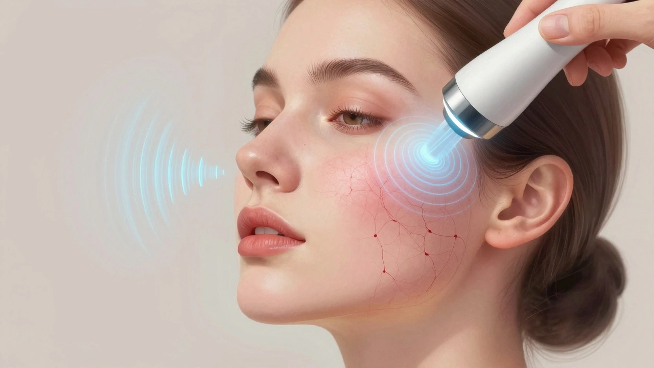 Абстрактное изображение ультразвуковых волн, стимулирующих коллаген в коже лица женщины после 60.