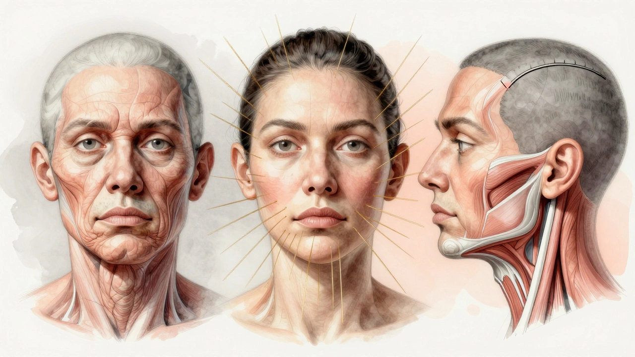Анатомическая иллюстрация трех методов подтяжки лица: нитей, ультразвука и хирургии.