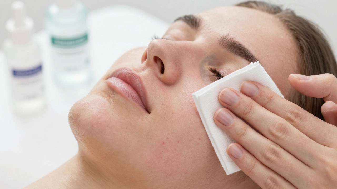 Близкий план кожи после лазерного омоложения: легкое шелушение, аккуратное промакивание салфеткой, никаких активных средств.