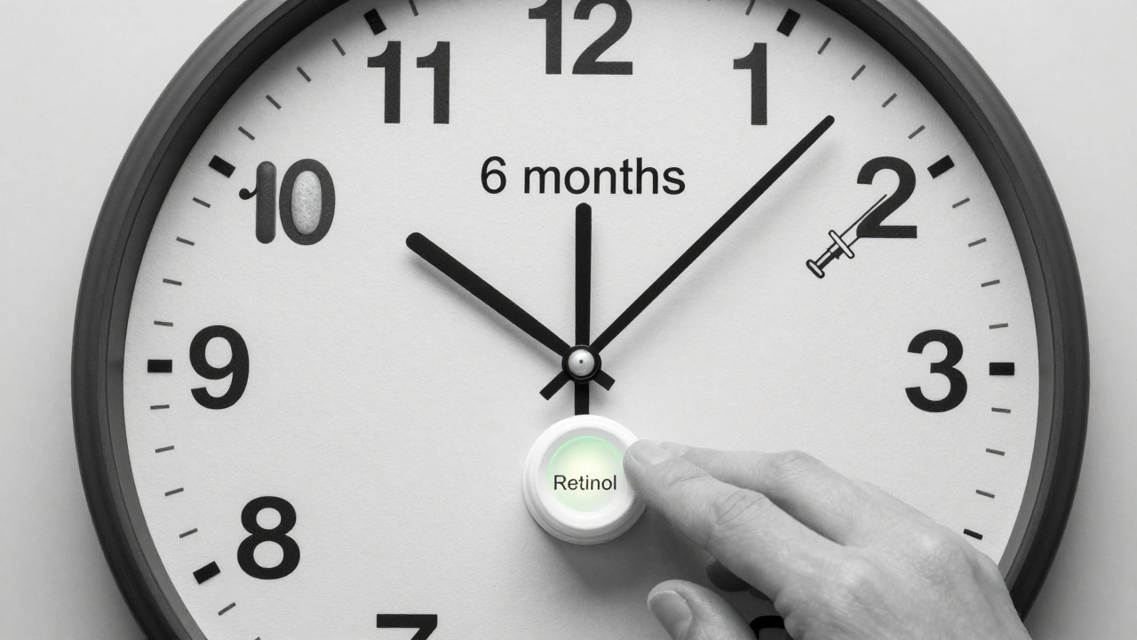 Часы из текстуры кожи с символами бесполезных процедур, а рука наносит ретинол — символ долгосрочного ухода.