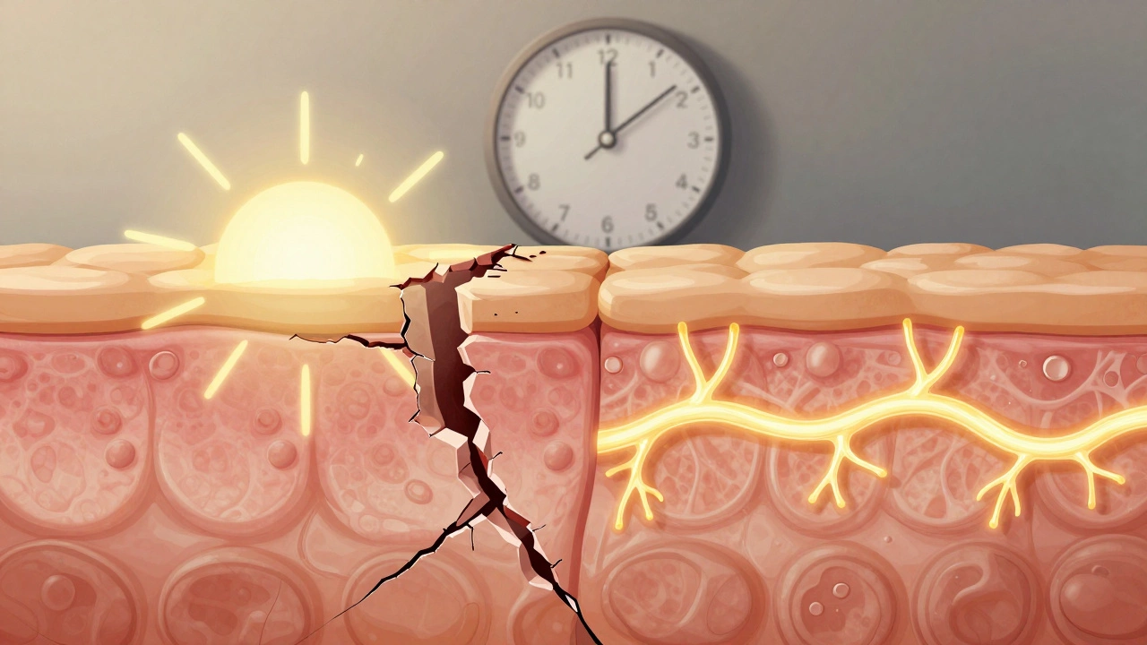 Концептуальное изображение восстановления кожи: поврежденная кожа слева, новая с коллагеном справа, символизирующее время и естественное заживление.